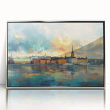 Mid-century modernist art depicting Stockholm scenery in muted colors on a framed acrylic, ideal for nursery wall art.