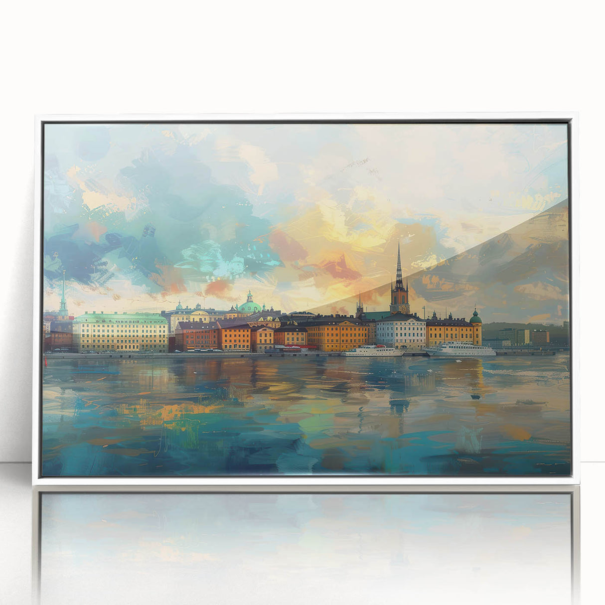 Acrylic print of Stockholm scenery in art deco style with muted blue and white colors, ideal for modern nursery wall art.