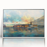 Acrylic print of Stockholm scenery in art deco style with muted blue and white colors, ideal for modern nursery wall art.