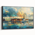 Black and white vintage poster art of Stockholm landscape on framed canvas, ideal for bedroom wall decor.