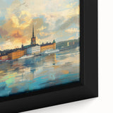 Extra large framed canvas of Stockholm scenery in textured black with colorful accents, suitable for living room decor.