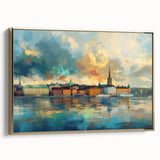 Framed canvas featuring a vintage-style landscape of Stockholm in muted gold and black tones, ideal for bedroom wall art.