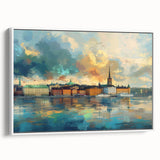 Vintage poster art of Stockholm scenery in vibrant colors on a large framed canvas, suitable for living room decor.