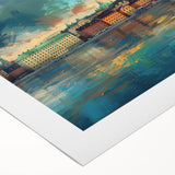Art deco poster of Stockholm scenery in muted blue and yellow tones on rolled canvas, suitable for dining room wall art.