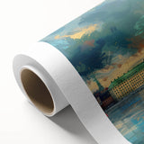 Art Deco poster of Stockholm skyline in pastel blue and yellow, rolled canvas, ideal for nursery wall art.