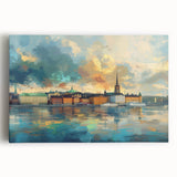 Black and white large art print of Stockholm's cityscape on stretched canvas, suitable for kitchen wall art.