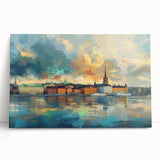 Black and white photo of Stockholm skyline on large stretched canvas, ideal for kitchen wall art.