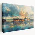 Side view of a stretched canvas depicting a serene Stockholm cityscape in muted blue and gray tones.