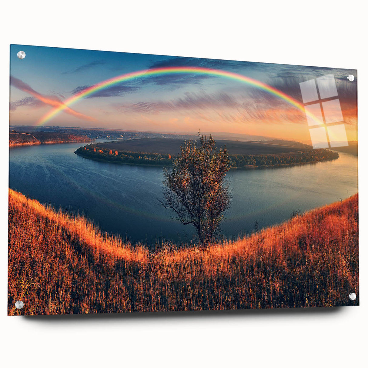 Large abstract wall art depicting a European scenery in muted earth tones, printed on acrylic glass.