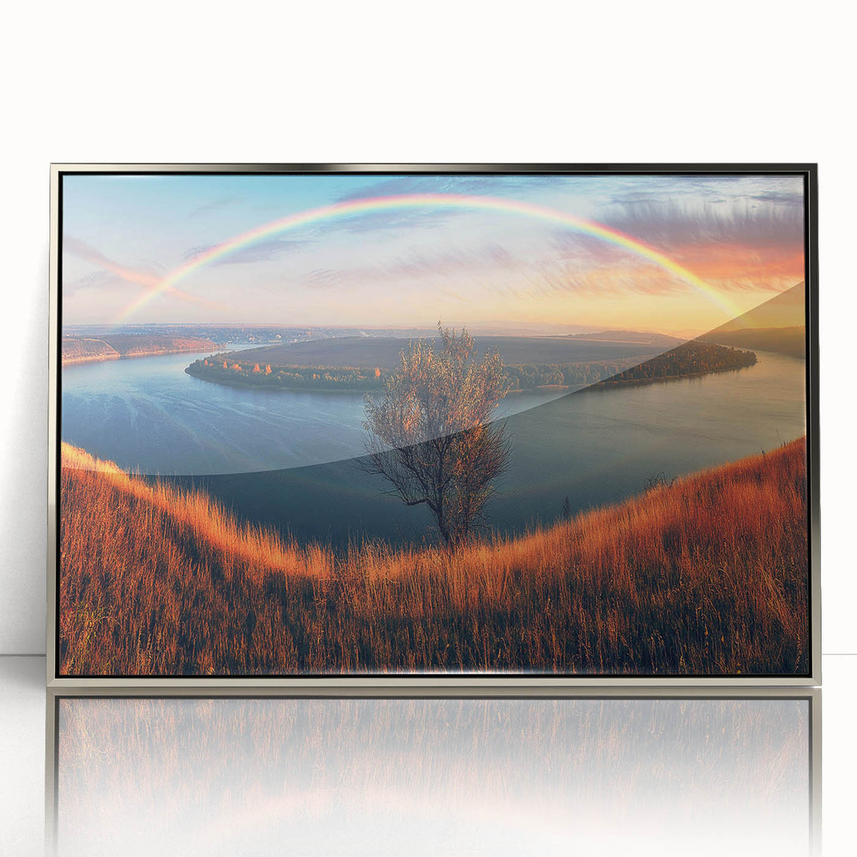 Mid-century modernist art depicting a serene Ukrainian landscape in acrylic, framed in silver.