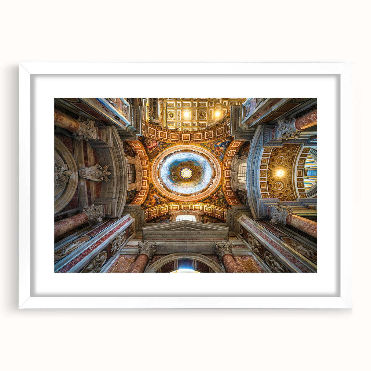 Abstract art print of the Vatican scenery in muted earth tones on a framed white mat, ideal for dining room decor.