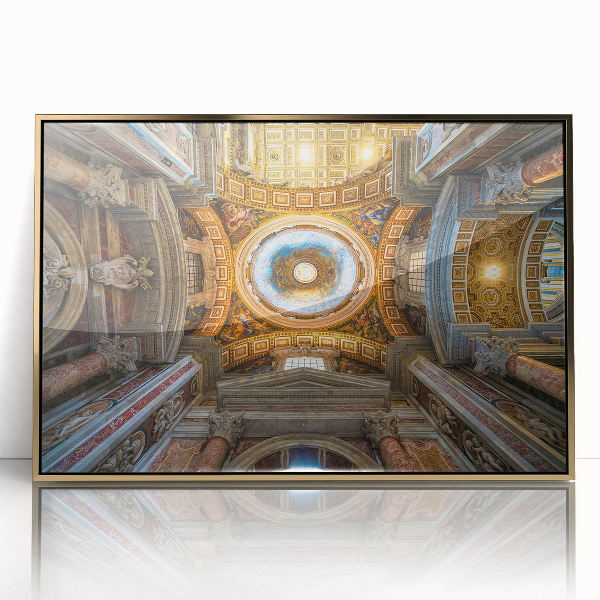 Large art print of the Vatican scenery in gold tones on framed acrylic, suitable for modern art wall decor.