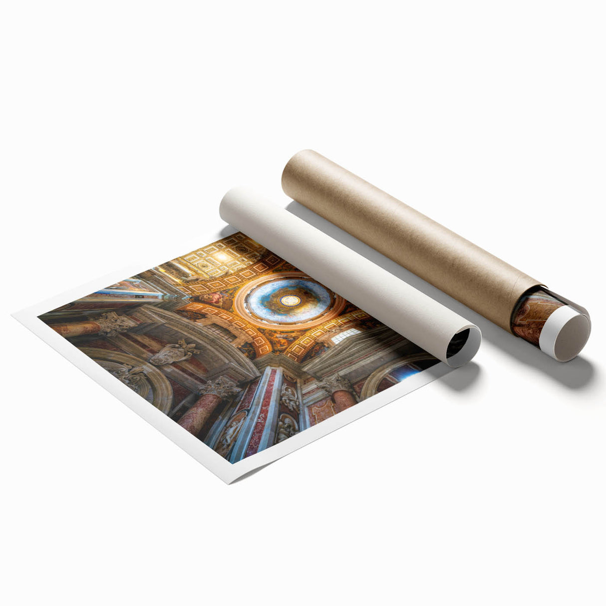 Rolled print of the Vatican with floral accents in soft pastel shades, ideal for classy bathroom wall art.