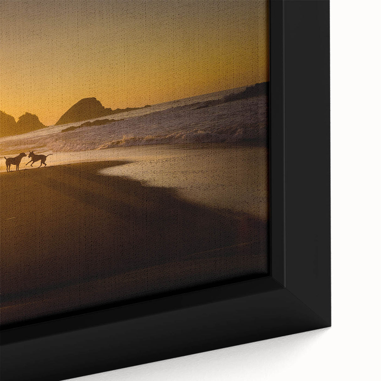 Framed canvas of a textured, colorful Oaxacan landscape in black, ideal for living room decor.