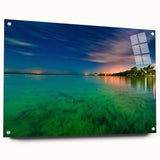 Large abstract wall art depicting Yucatan scenery in vibrant colors on acrylic glass, ideal for bedroom or dining room decor.