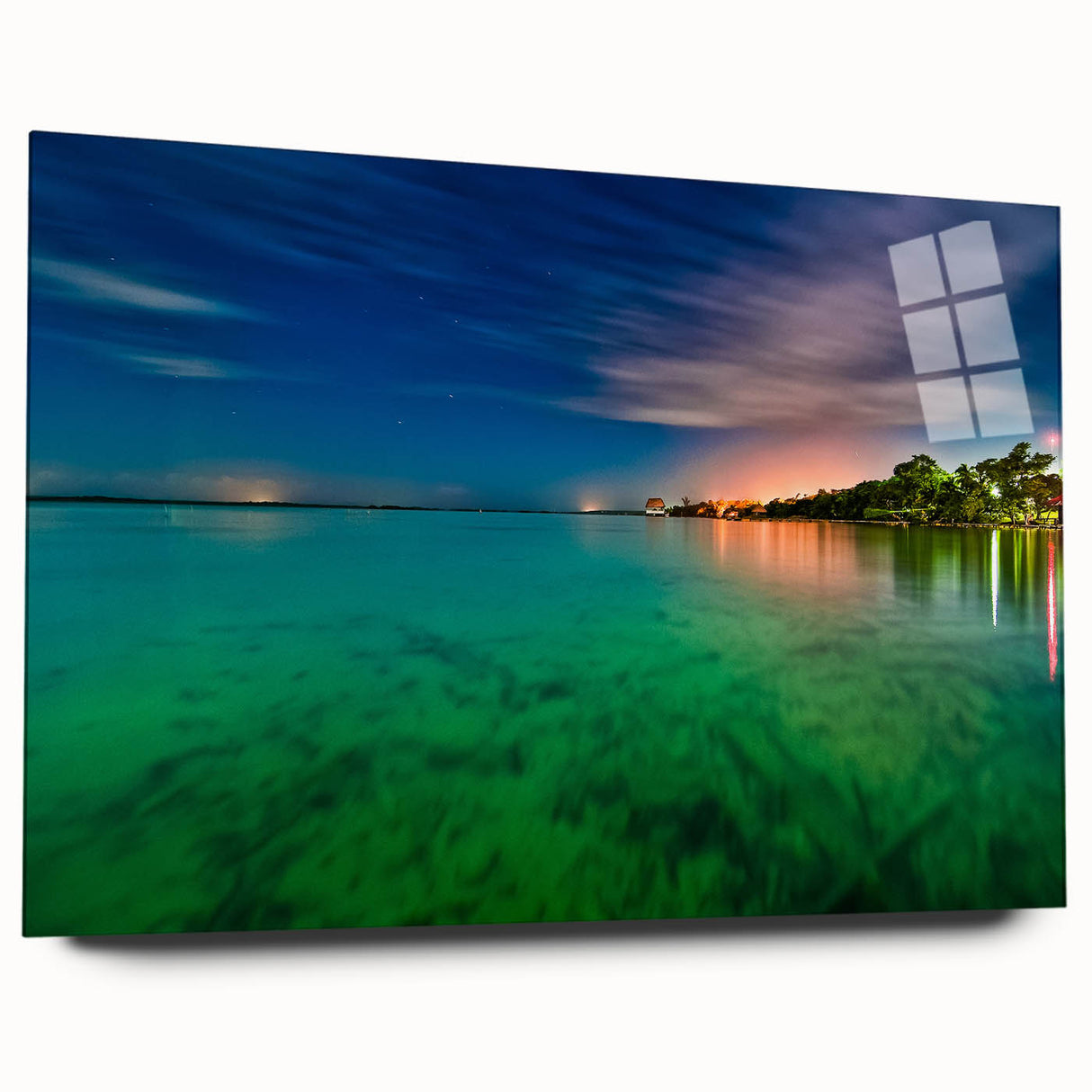 Large abstract wall art depicting Yucatan scenery in vibrant hues on acrylic glass, ideal for bedroom or dining room decor.