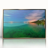 Large art print of a Yucatan scenery in mid-century modernist style, framed in gold acrylic.