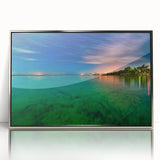 Mid-century modernist art depicting a serene Yucatan landscape in muted earth tones, framed in silver acrylic.