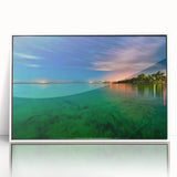 Acrylic print of Yucatan scenery in art deco style with muted green and blue tones, ideal for modern art wall decor.