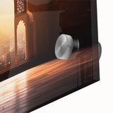 Mid-century modernist Dubai skyline in muted earth tones on acrylic glass, ideal for dining room art.