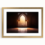 Extra large abstract art print of Dubai skyline in muted gold and blue tones on a textured canvas.