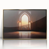 Mid-century modernist art depicting Dubai skyline in muted gold tones on a framed acrylic print.