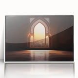 Acrylic print of Dubai skyline in muted gray and blue tones, framed in white, ideal for modern art wall decor.