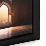 Framed canvas featuring a textured depiction of the Dubai skyline in vibrant colors on a black background.