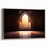 Framed canvas wall art of Dubai skyline with vintage poster style in black and gold tones, ideal for bedroom decor.
