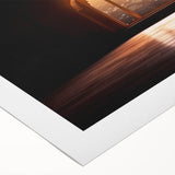 Art deco poster of Dubai skyline in muted gold and blue tones on rolled canvas, suitable for dining room wall art.