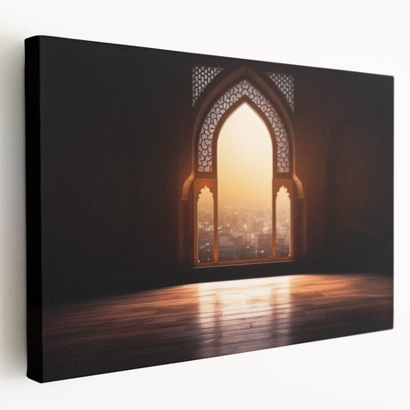 Large art print of Dubai skyline in muted earth tones on stretched canvas, ideal for kitchen wall decor.