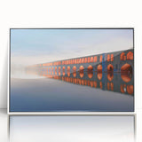 Art deco poster depicting a Middle Eastern scenery in muted beige and white tones, acrylic print framed.