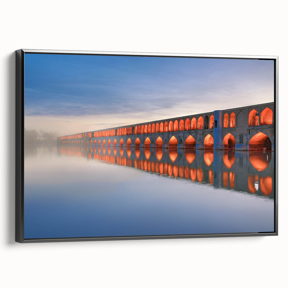 Black and white landscape painting of a Middle Eastern scene on framed canvas, suitable for bedroom decor.