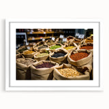 Abstract art print of Jerusalem skyline in muted earth tones on a framed white matte canvas, suitable for dining room decor.