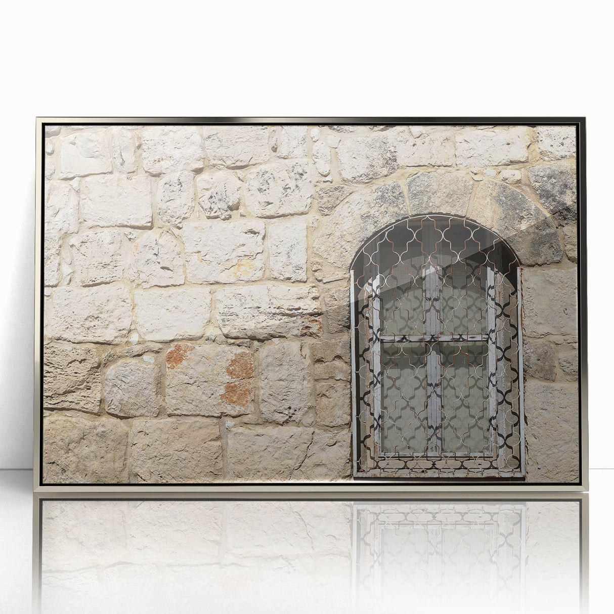 Mid-century modernist art of Tel Aviv skyline in muted silver acrylic, framed, suitable for modern art wall decor.