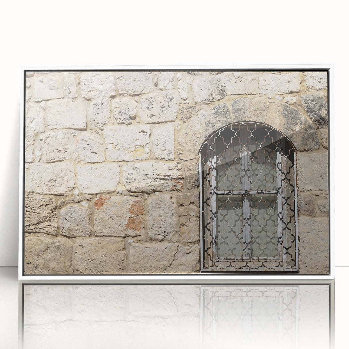 Art deco poster of Tel Aviv skyline in muted colors on white framed acrylic, suitable for modern art wall decor.