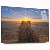 Large abstract wall art of a Middle Eastern scenery in muted earth tones on acrylic glass, suitable for dining room ambiance.