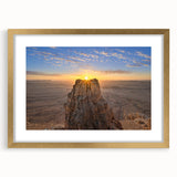 Extra large abstract art print of a Middle Eastern scenery, in muted earth tones, framed with a gold mat.