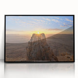 Large abstract wall art depicting a Middle Eastern scenery in muted earth tones on a framed acrylic.