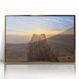 Large acrylic print of a Middle Eastern scenery in gold tones, framed, ideal for modern art wall decor.