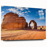 Large abstract wall art of a Saudi Arabian landscape in muted earth tones on acrylic glass.