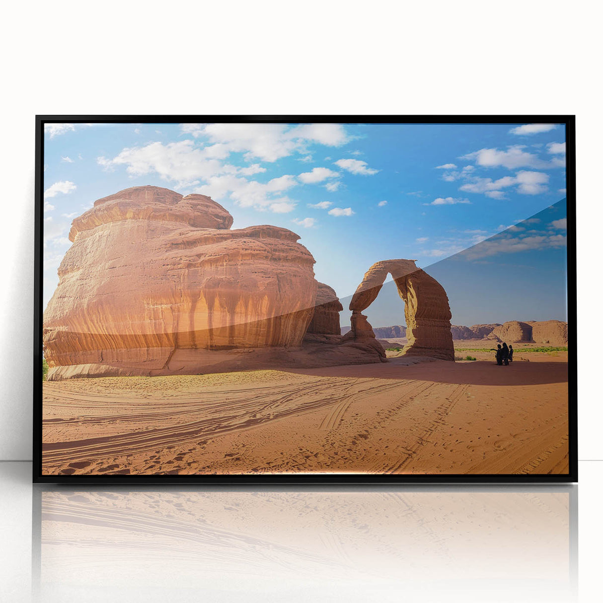 Large abstract wall art depicting Saudi Arabian scenery in muted earth tones, framed in black acrylic.