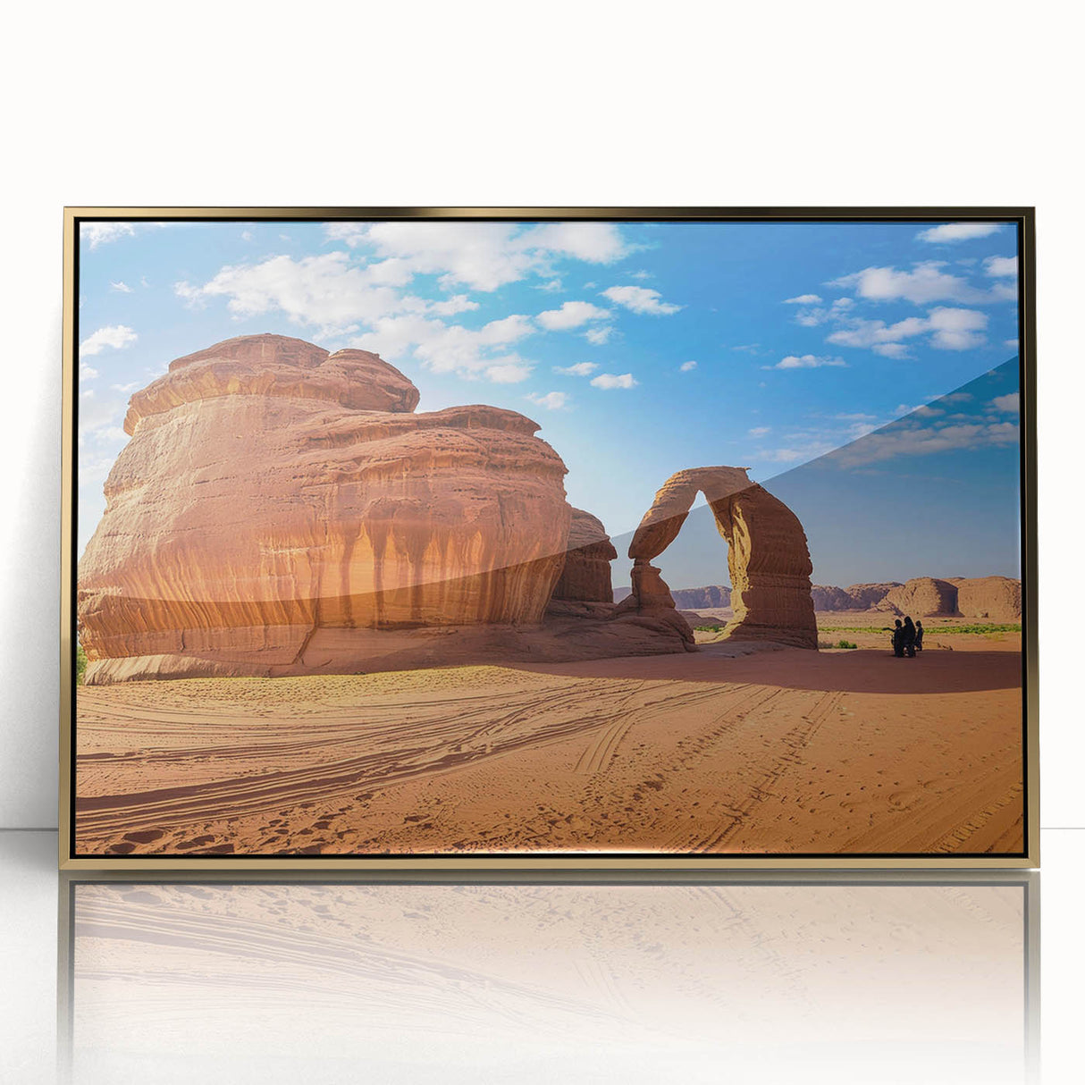 Mid-century modernist style large art print of a Saudi Arabian scenery in gold tones on a framed acrylic.