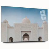 Large abstract wall art of Abu Dhabi skyline in muted gray and blue tones on acrylic glass.