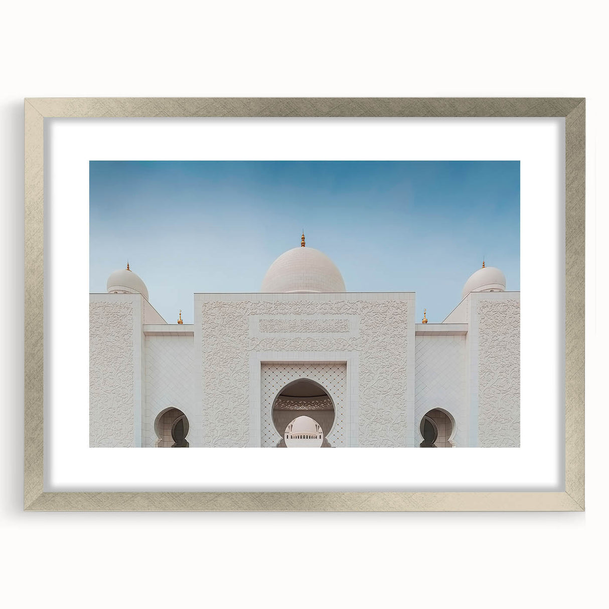 Textured abstract art print of Abu Dhabi skyline in muted silver and gray tones on a framed canvas, suitable for bedroom art.