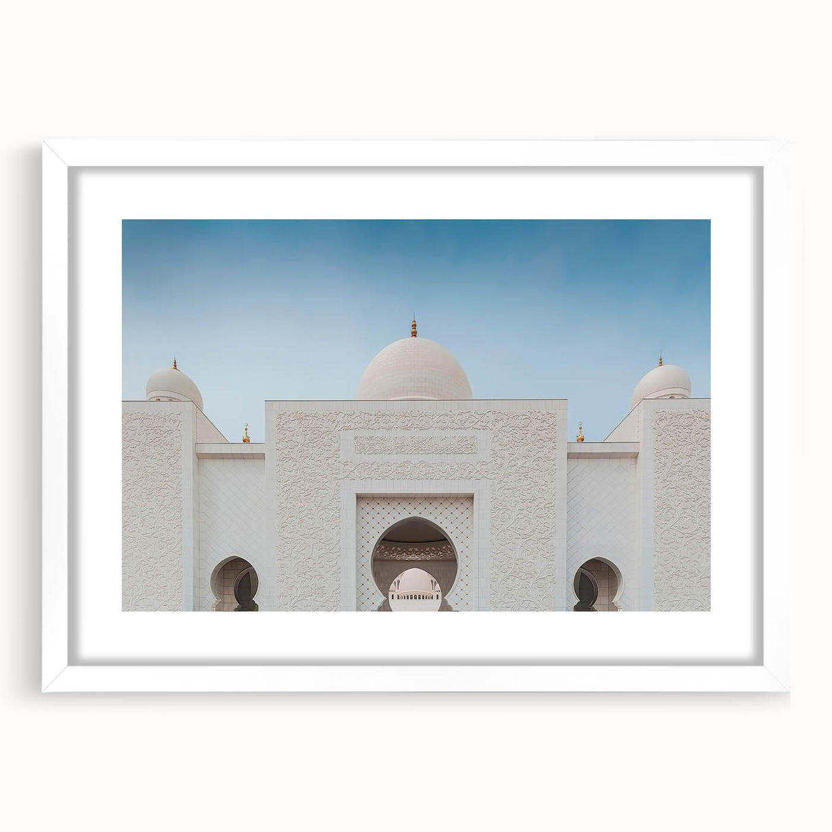 Abstract art print of Abu Dhabi skyline in soft gray and blue tones on a white framed mat.