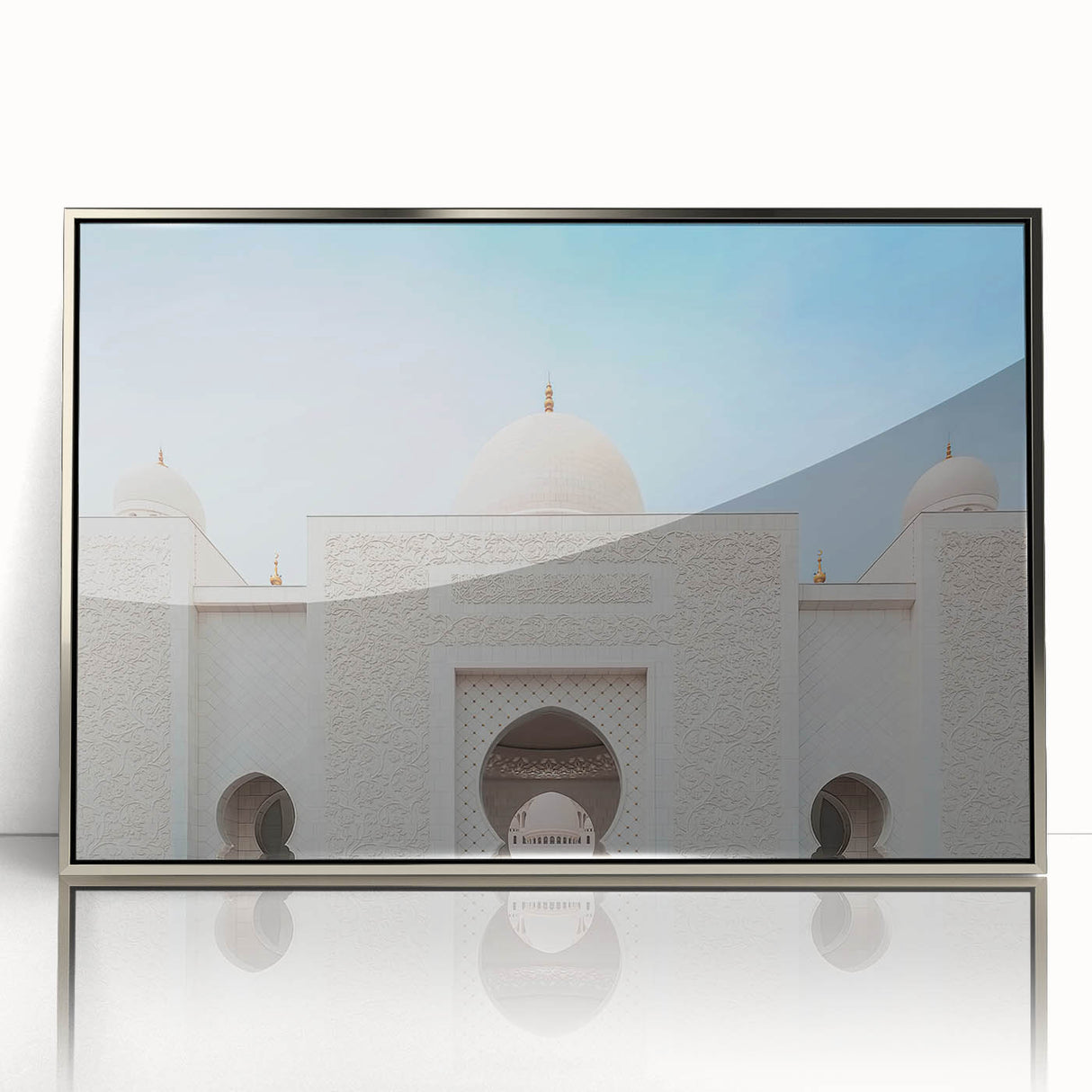 Mid-century modernist art of Abu Dhabi skyline in muted silver tones on a framed acrylic, suitable for modern art wall decor.
