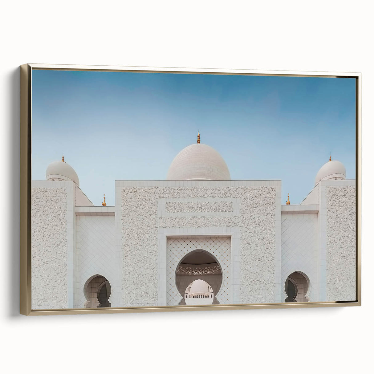 Framed canvas of Abu Dhabi landscape in muted gold and black tones, ideal for bedroom wall art.