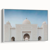 Vintage poster art of Abu Dhabi skyline on framed canvas.