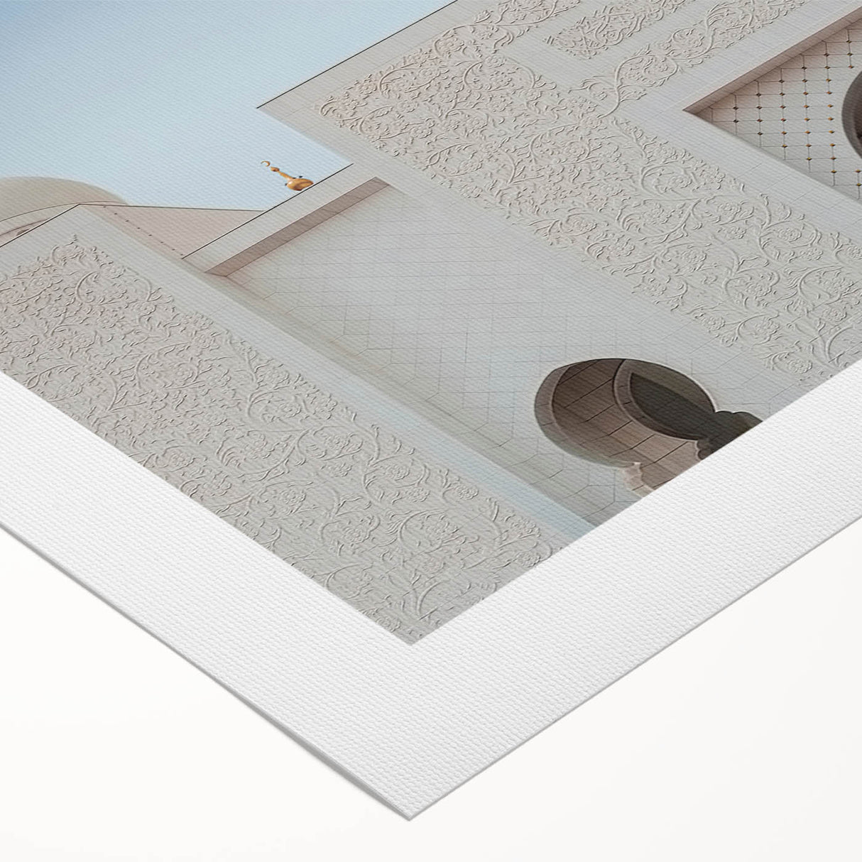 Art deco poster of Abu Dhabi skyline in muted gold and blue tones on rolled canvas, suitable for dining room wall art.